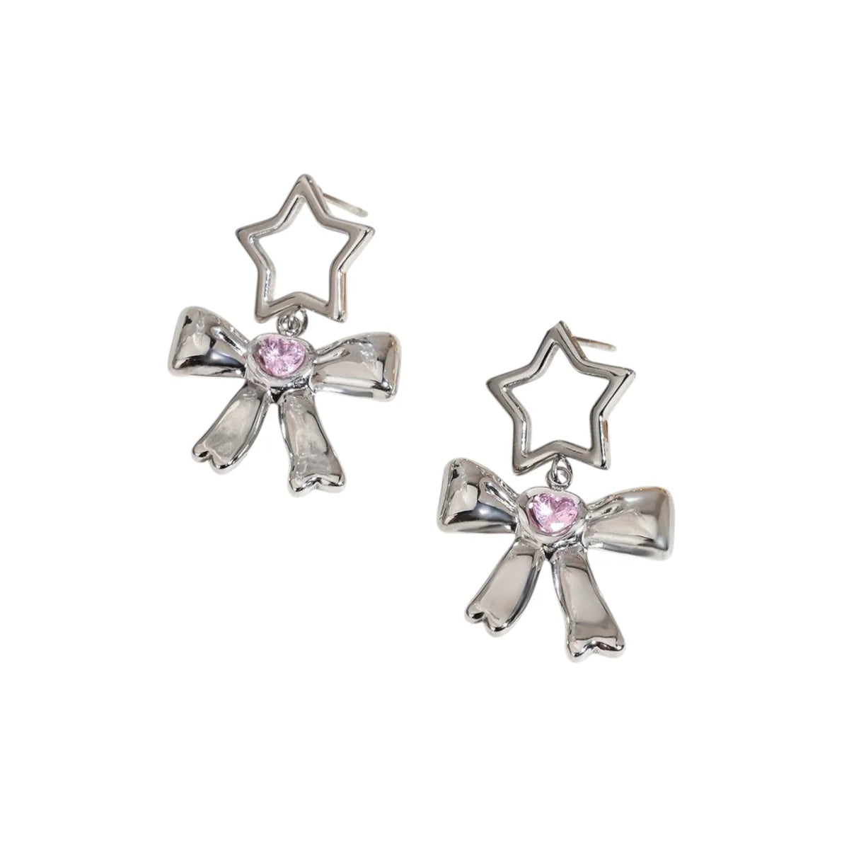 Star Bow Pink Silver Earrings