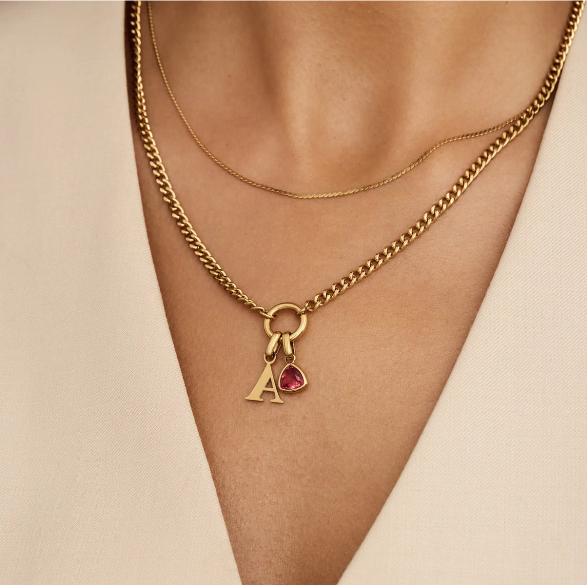 Initial Birthstone Curb Chain Necklace