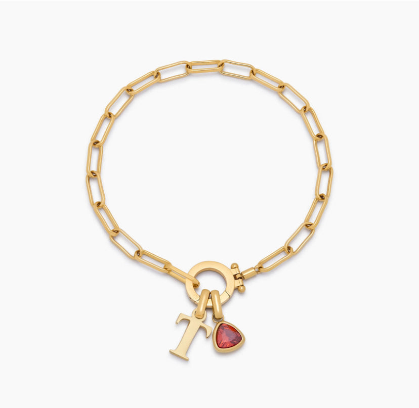 Paperclip Birthstone Initial Charm Bracelet