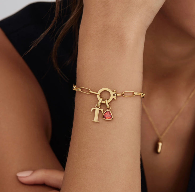 Paperclip Birthstone Initial Charm Bracelet