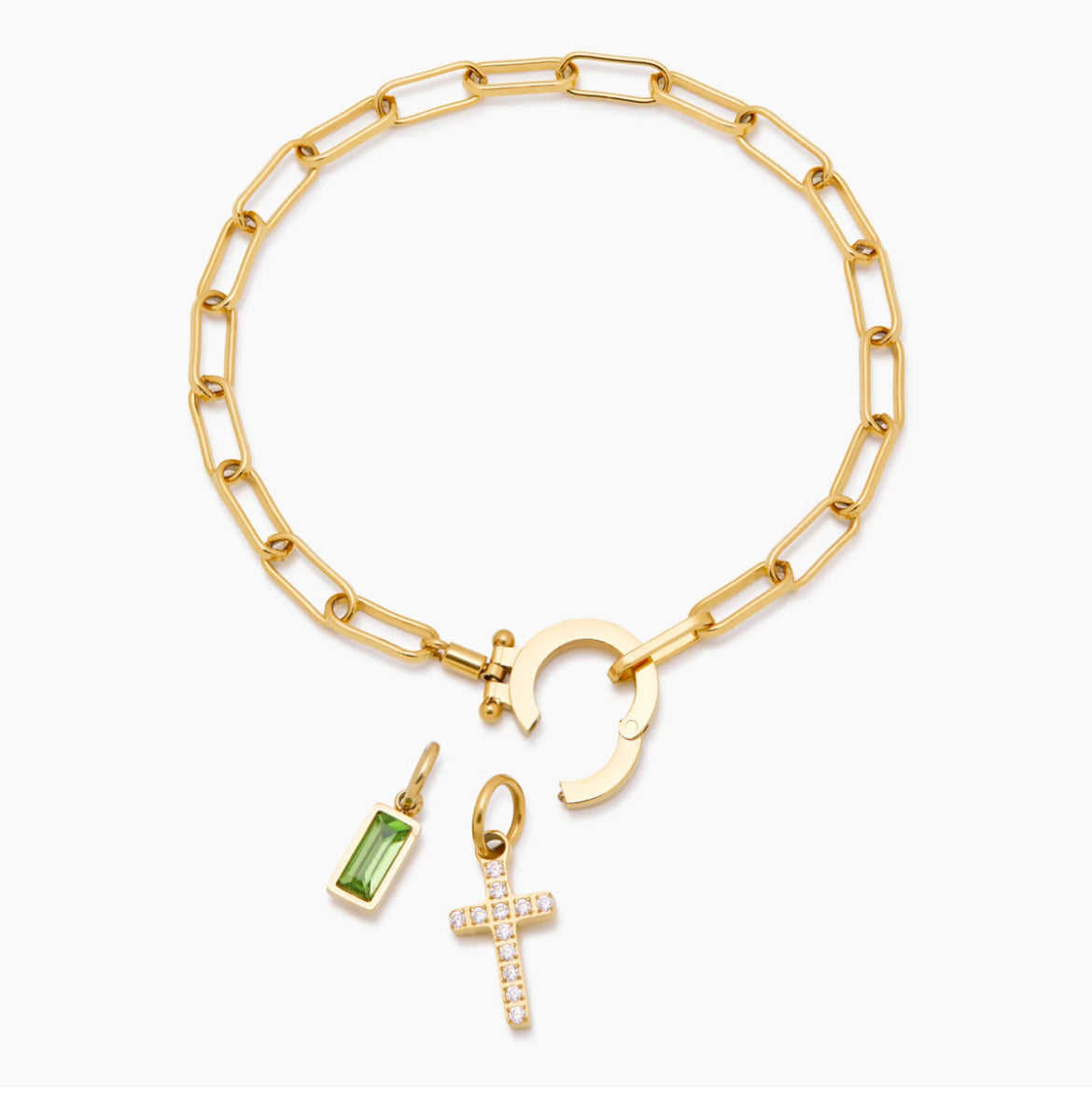 Paperclip Birthstone Cross Charm Bracelet