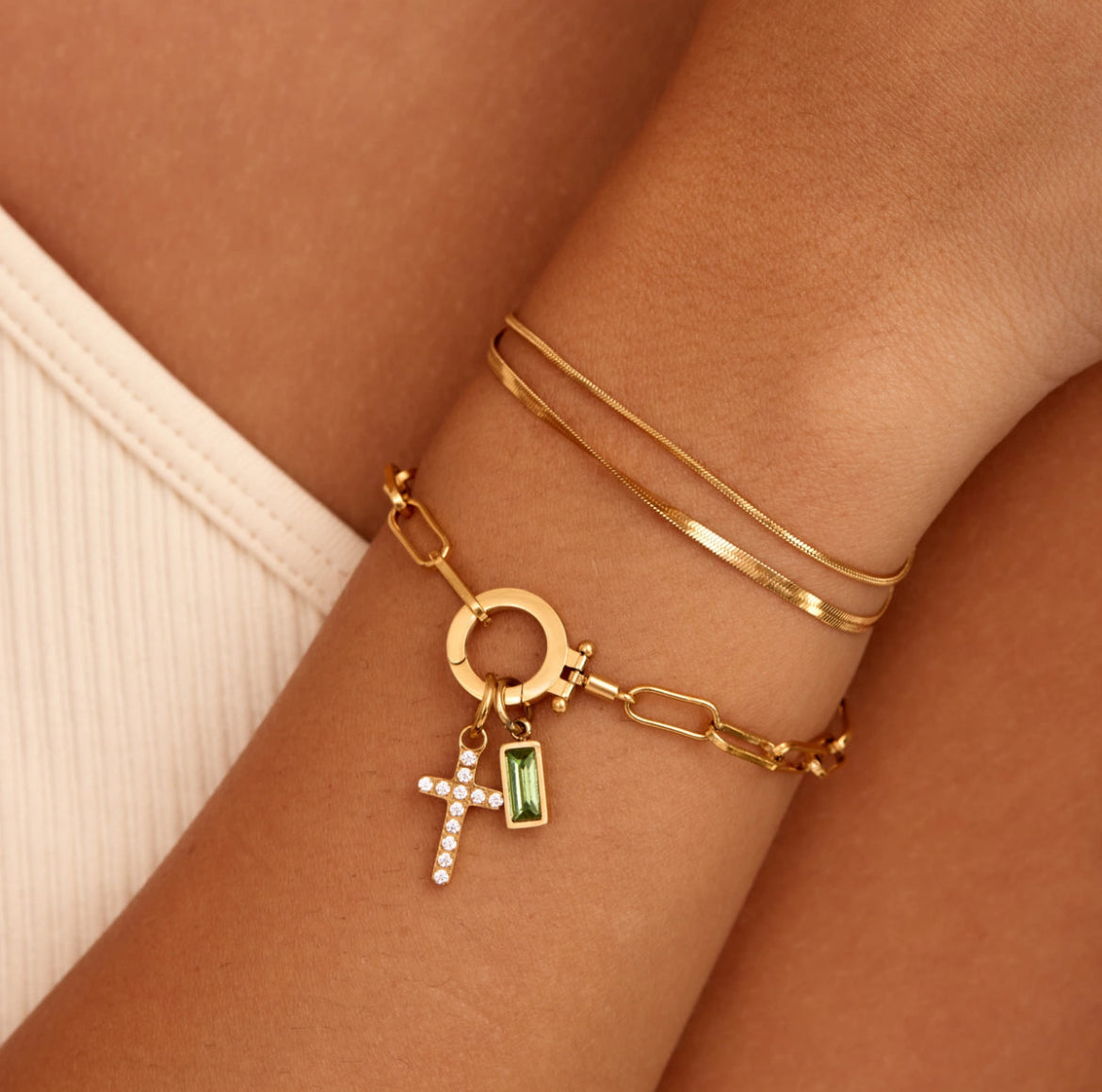 Paperclip Birthstone Cross Charm Bracelet