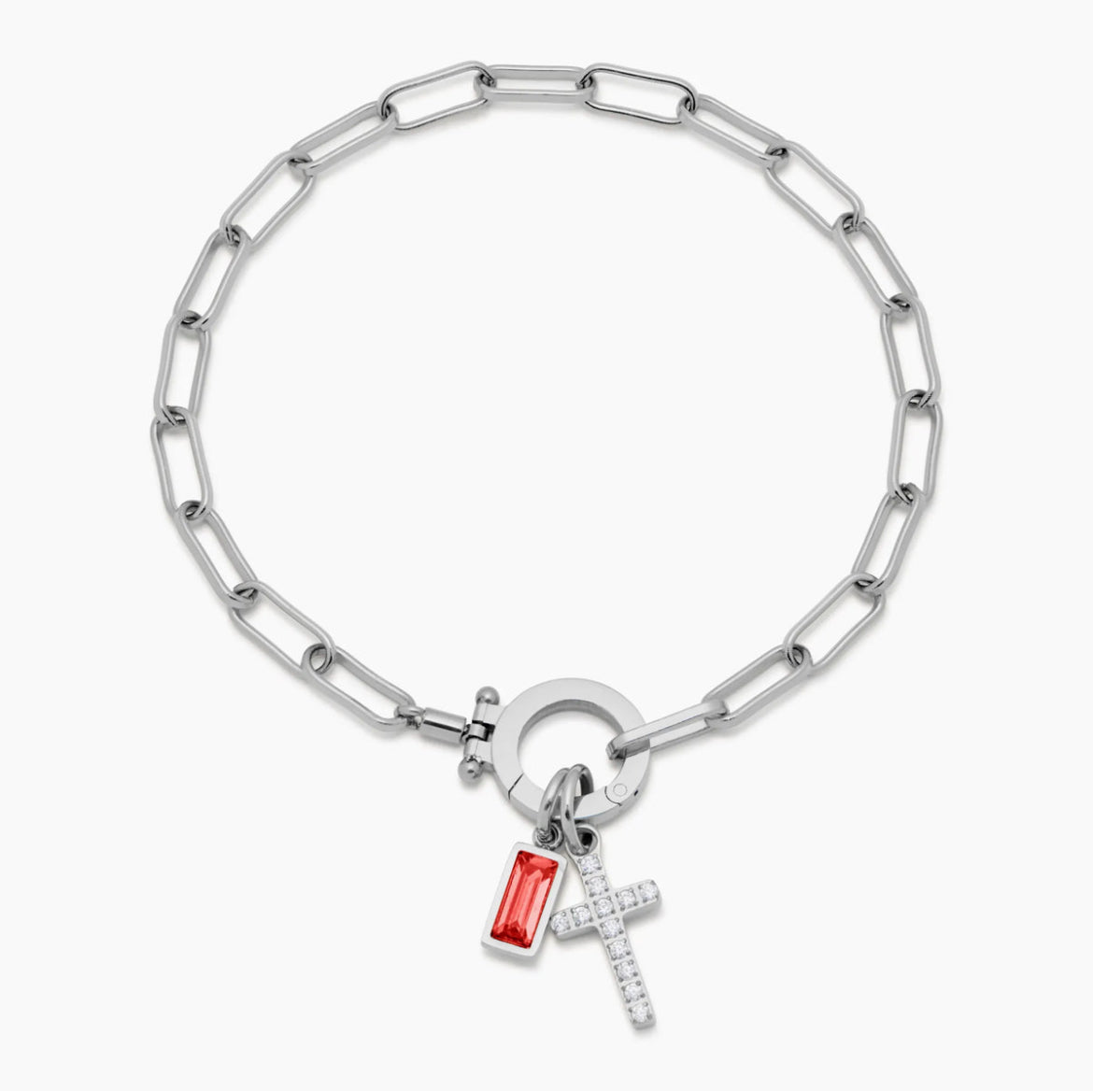 Paperclip Birthstone Cross Charm Bracelet