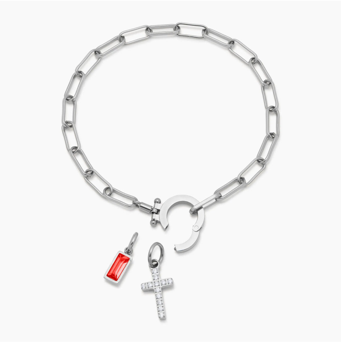 Paperclip Birthstone Cross Charm Bracelet