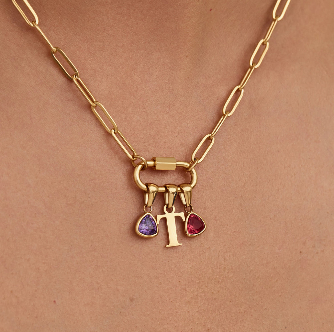 Carabiner Charm Birthstone Initial Necklace