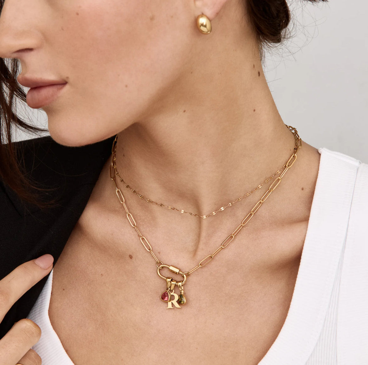 Carabiner Charm Birthstone Initial Necklace