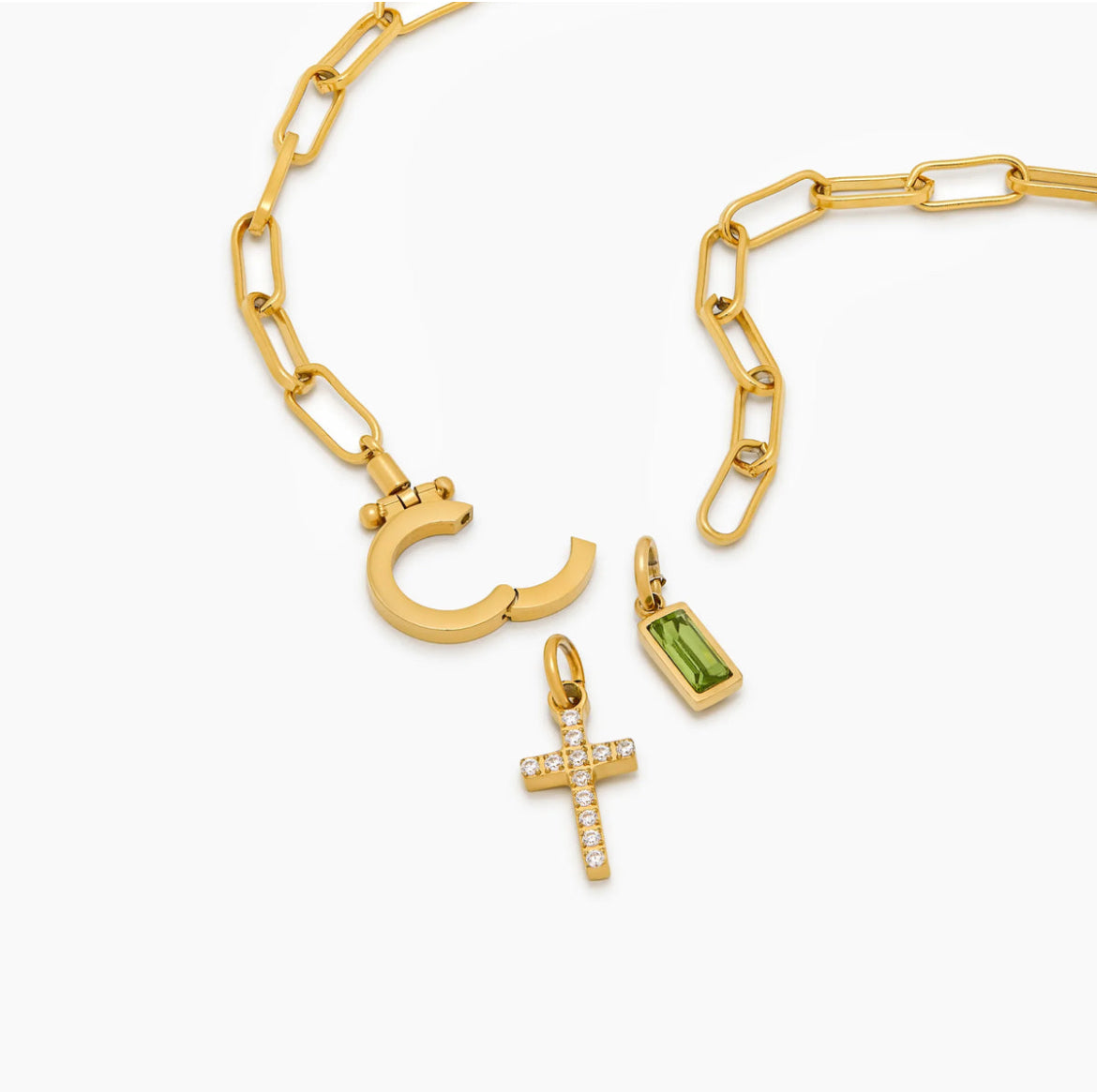 Paperclip Birthstone Cross Charm Necklace